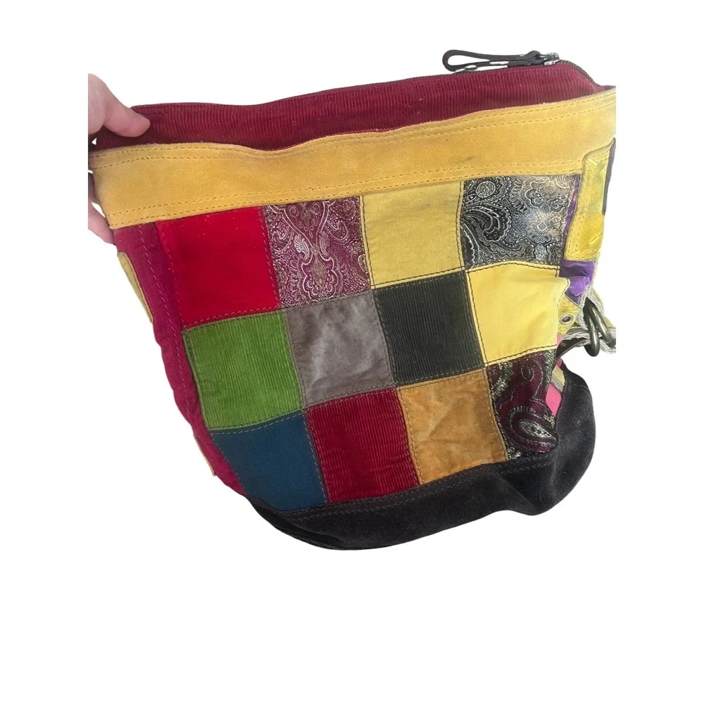 Lucky Brand Patchwork Boho Hobo Bag Corduroy Suede Multi-Color Crossbody Vintage
